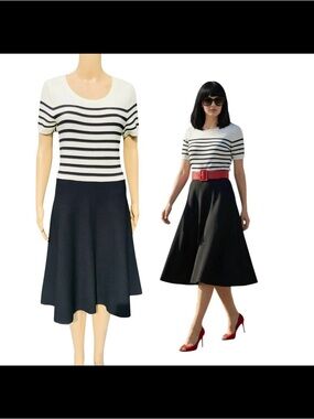 Talbots Striped Knit Top with Black A-Line Skirt Dress - White & Black Sz M